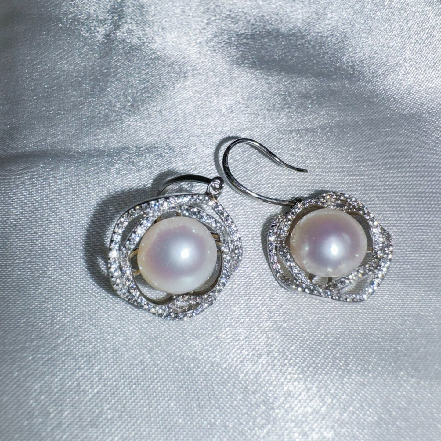 Handcrafted Flower Earrings with Diamond Natural Pearls featuring Strong Luster and Pinkish Glow luxurious gift for moms or wives.