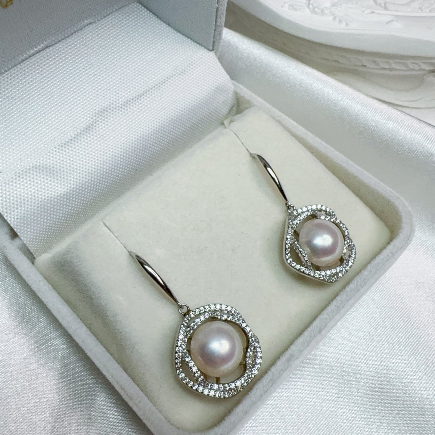Handcrafted Flower Earrings with Diamond Natural Pearls featuring Strong Luster and Pinkish Glow luxurious gift for moms or wives.
